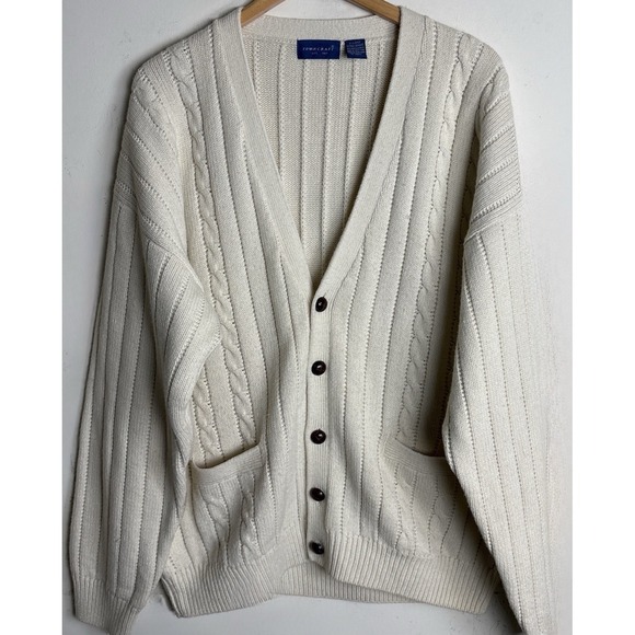 Vintage 90s Towncraft Cable Knit Cardigan Sweater Mens XL Ivory Fisherman - Picture 1 of 7